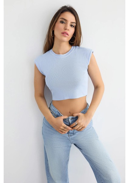 Kadın Fitilli Kısa Kol Kesik Üst Blue