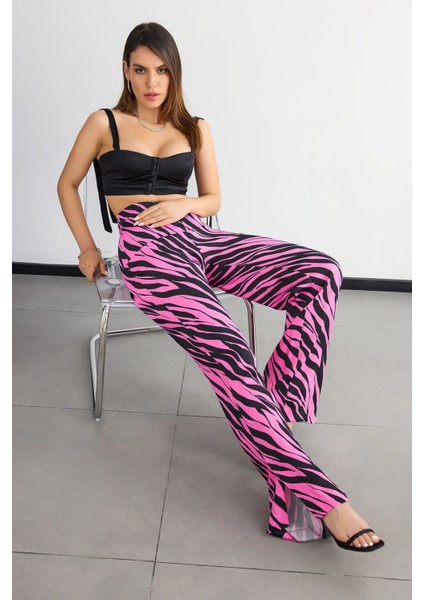 Kadın Dokulu Hayvan Desenli Yüksek Bel Pantolon Neon Pembe