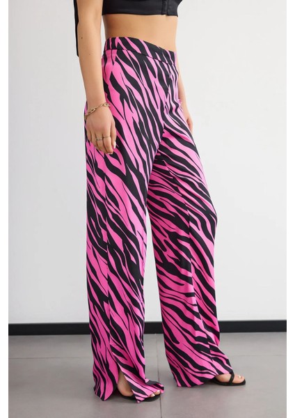 Kadın Dokulu Hayvan Desenli Yüksek Bel Pantolon Neon Pembe
