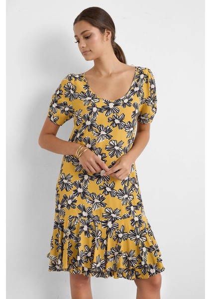 Kadın Kısa Kollu Desenli Mini Elbise Yellow