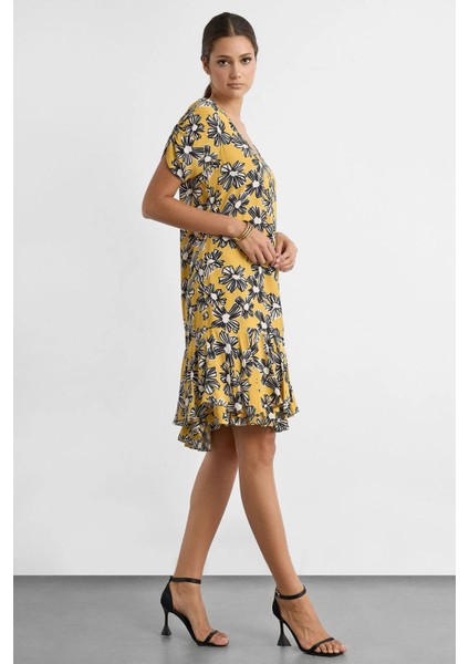 Kadın Kısa Kollu Desenli Mini Elbise Yellow