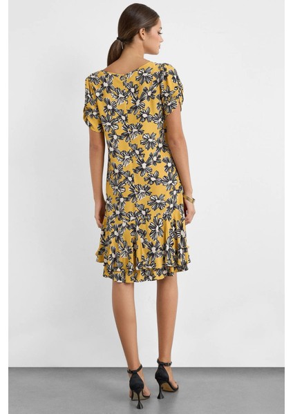 Kadın Kısa Kollu Desenli Mini Elbise Yellow