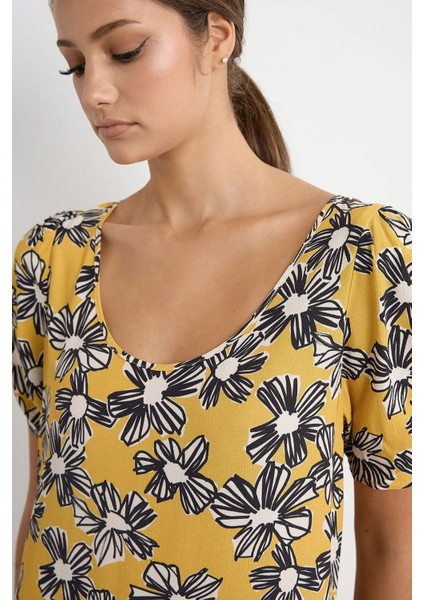 Kadın Kısa Kollu Desenli Mini Elbise Yellow