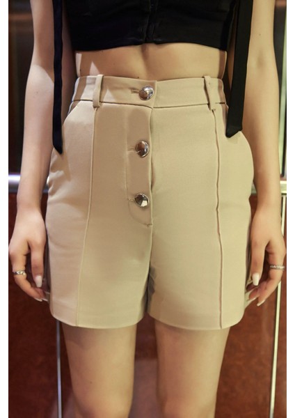 Kadın Yüksek Bel Düğmeli Şortlar Natural