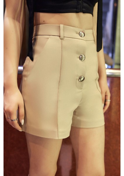 Kadın Yüksek Bel Düğmeli Şortlar Natural