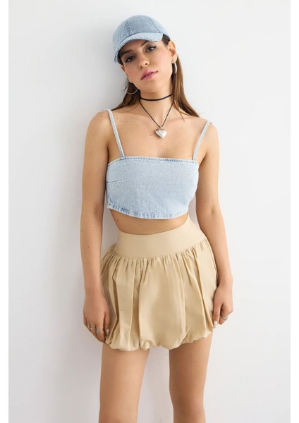 Kadın Kare Yaka Kot Kamisole Üst Blue