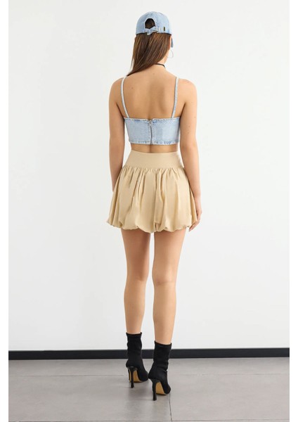 Kadın Kare Yaka Kot Kamisole Üst Blue