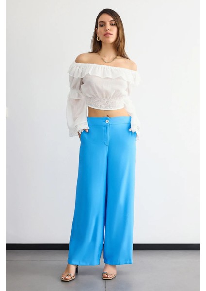 Kadın Yüksek Bel Geniş Paça Pantolon Blue