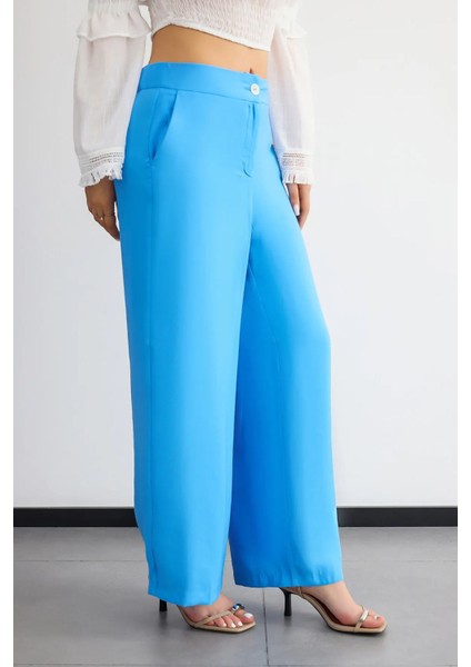 Kadın Yüksek Bel Geniş Paça Pantolon Blue