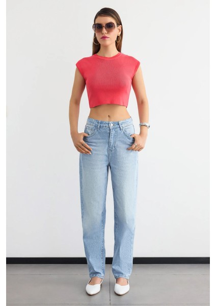 Kadın Fitilli Kısa Kol Kesik Üst Red