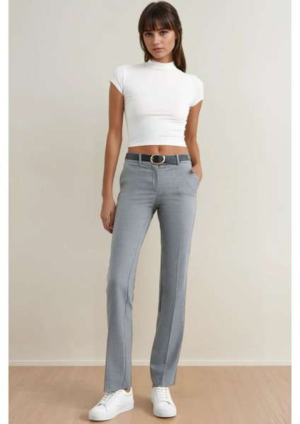 Kadın Yüksek Bel Düz Bacak Pantolon Gri