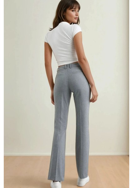 Kadın Yüksek Bel Düz Bacak Pantolon Gri