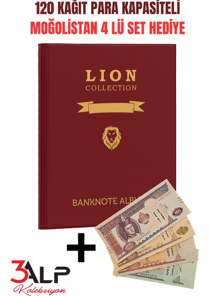 Lion 120 Adet Kağıt Para Kapasiteli, 20 Sayfa Kağıt Para Albümü, Bordo Renk