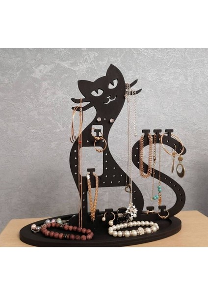 Şık Kedi Figürlü Ahşap Takı ve Küpe Standı, Lazer Kesim, Modern Tasarım