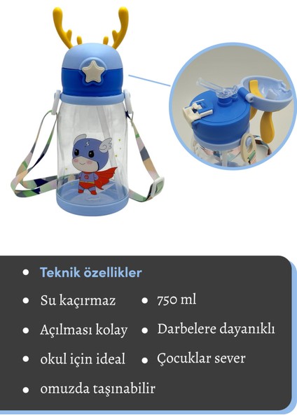 750 ml Çocuklar Için Su Matara, Sızdırmaz, Askılı, Dayanıklı Mavi modelleri