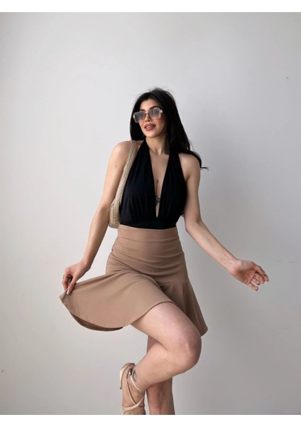 Volanlı Krep Şort Etek - Kahve fiyatları