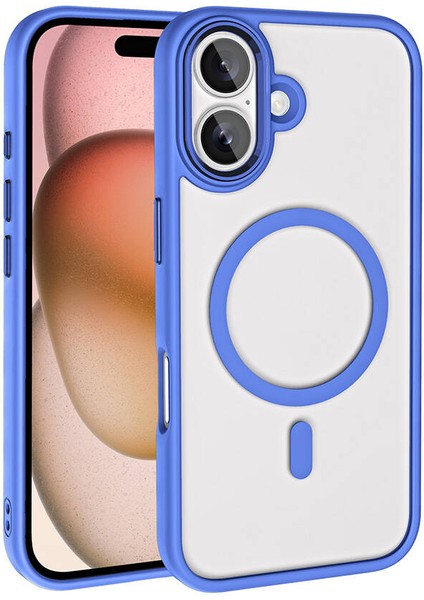 Apple iPhone 16 Kılıf Wireless Şarj Özellikli Tkdw Krom Magsafe Silikon Kapak-Mavi