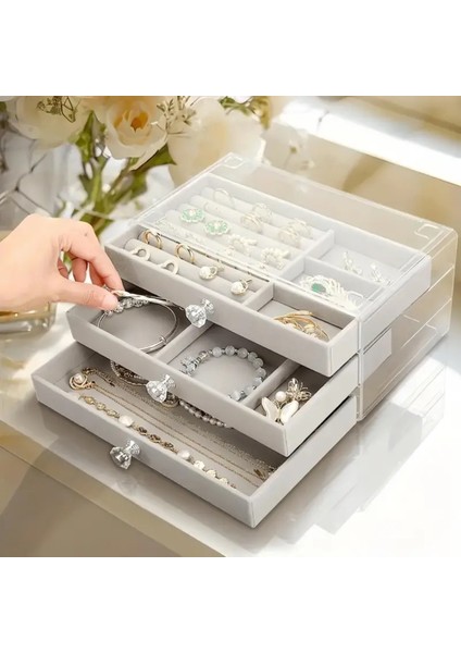 Gri Renkli 3 Çekmeceli Büyük Takı Kutusu, Düzenleyici ve Organizer Özellikli
