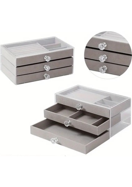 Gri Renkli 3 Çekmeceli Büyük Takı Kutusu, Düzenleyici ve Organizer Özellikli modelleri