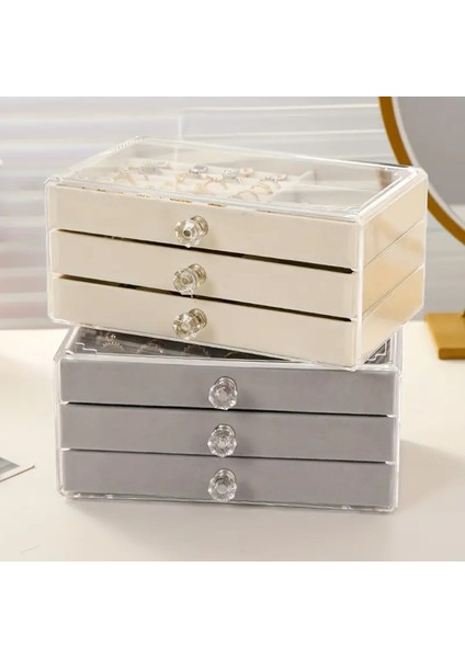 Gri Renkli 3 Çekmeceli Büyük Takı Kutusu, Düzenleyici ve Organizer Özellikli
