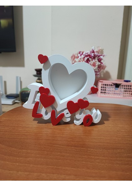 Aşk Temalı Kalpli Dekoratif Masaüstü Resim Çerçevesi – I Love You Yazılı