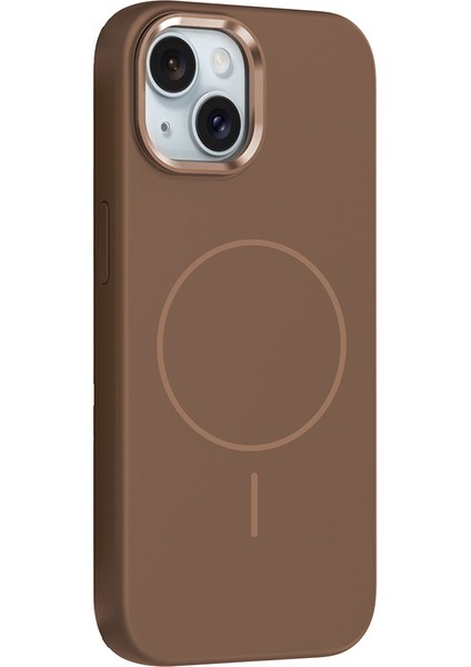 iPhone 14 Kılıf M-Safe Şarj Özellikli Metal Kamera Çerçeveli Tkdw Edi Silikon Kapak - Kahverengi