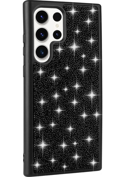 Galaxy S22 Ultra Kılıf Parlak Taşlı Tasarım Tkdw Pırlanta Kapak - Siyah