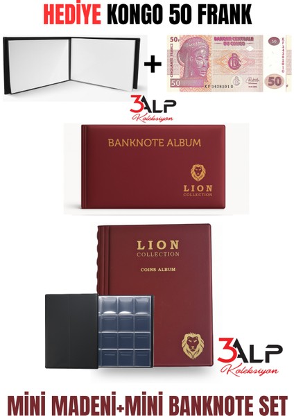 Lion Cep Albümü Seti-Madeni ve Kağıt Para Cep Albümü 2 Li, Bordo Renk