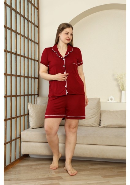 Büyük Beden Kısa Kollu Gömlek Şort Kadın Pijama Takımı- Geniş Beden Aralığı