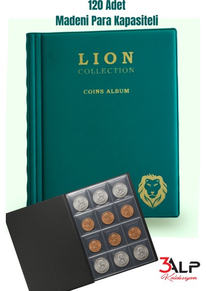 Lion Madeni Para Cep Albümü 10 Sayfa - 120 Cepli - Yeşil