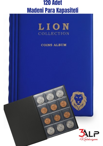 Lion Madeni Para Cep Albümü 10 Sayfa - 120 Cepli - Mavi