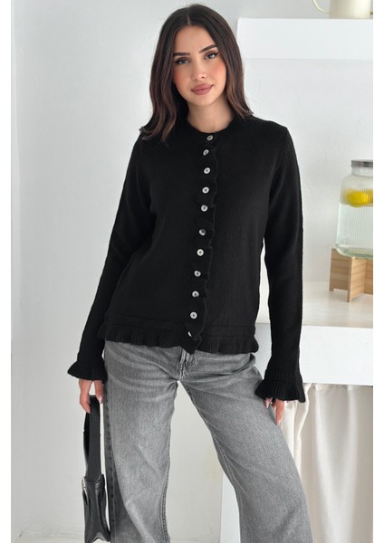 Kadın Kalın Tiftik Hırka – Fırfır Kollu & Yumuşak Dokulu