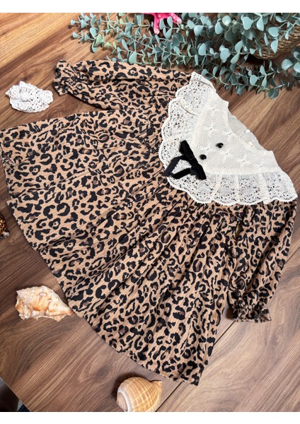 Leopar Desenli Kadife Elbise