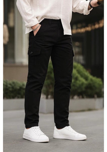 Erkek Bol Paça Esnek Siyah Kargo Cepli Pantolon