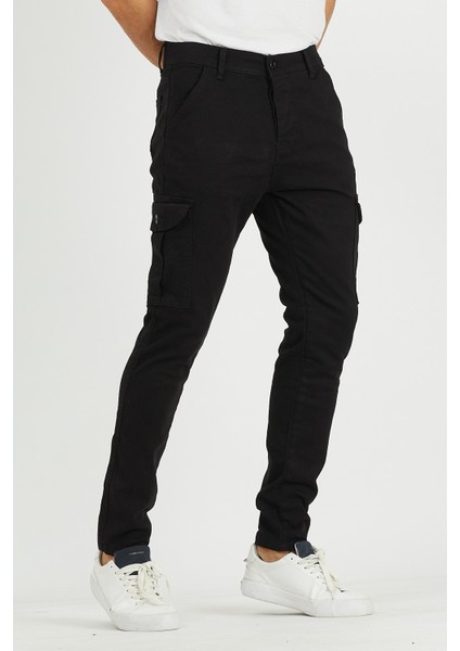 Erkek Bol Paça Esnek Siyah Kargo Cepli Pantolon