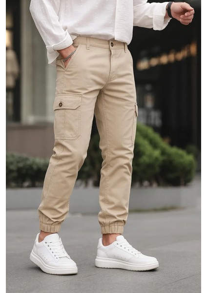 Erkek Lastikli Paça Kargo Cepli Krem Pantolon