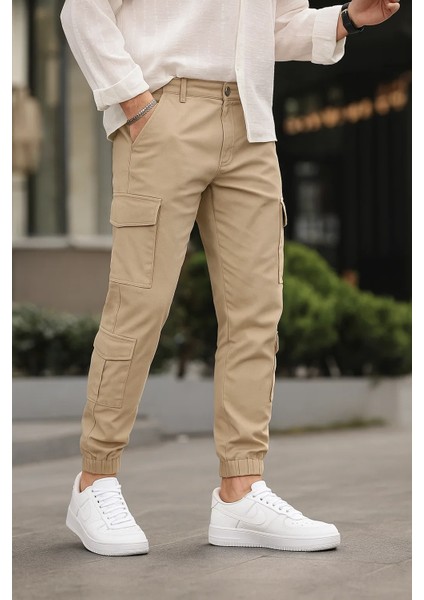 Erkek Lastikli Paça Kargo Cepli Krem Pantolon modelleri