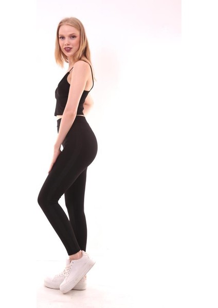 Almila Yanı Parlak Siyah Simli Şeritli Kadın Tayt 4010S