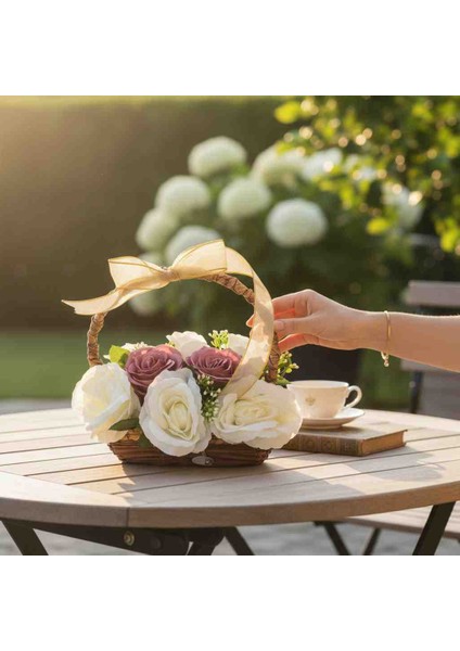 Gerçek Hasırdan Yapılmış Dikdörtgen Mini Gül Sepeti
