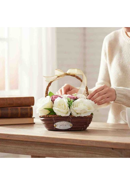 Gerçek Hasırdan Yapılmış Dikdörtgen Mini Gül Sepeti fiyatları