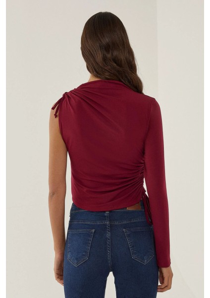 Kadın Büzgü Detaylı Tek Omuz Kısa Bluz Red