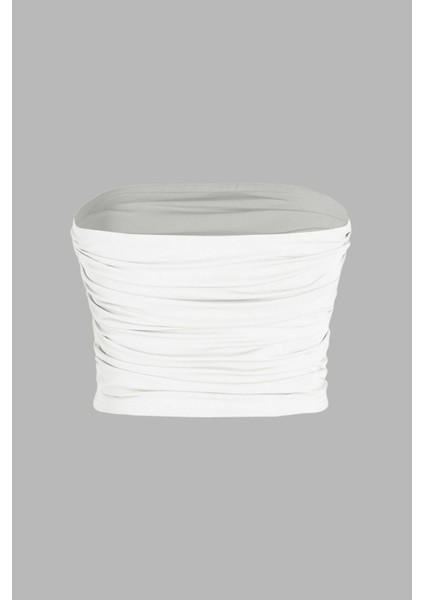 Kadın Askısız Drapeli Crop Top White
