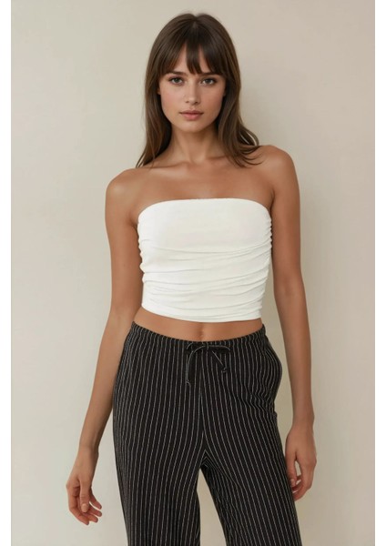 Kadın Askısız Drapeli Crop Top White