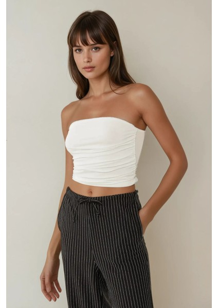 Kadın Askısız Drapeli Crop Top White