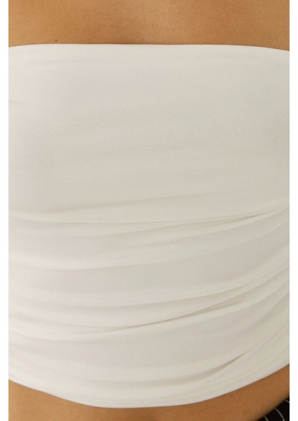 Kadın Askısız Drapeli Crop Top White