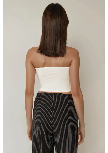 Kadın Askısız Drapeli Crop Top White