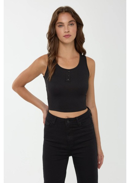 Kadın Düğme Detaylı Crop Üst Black