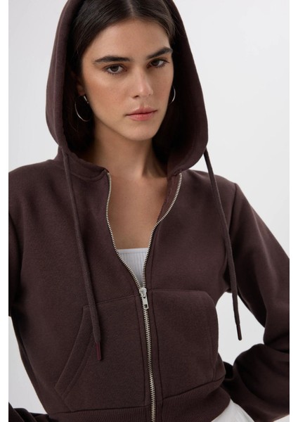 Kadın Jersey Fermuarlı Bluz Brown