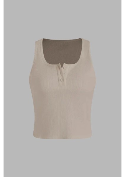 Kadın Düğme Detaylı Crop Üst Natural