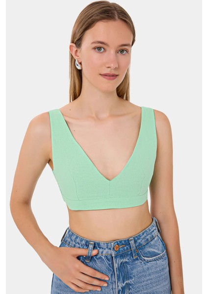 Kadın V-Yaka Kolsuz Dokuma Crop Top Green